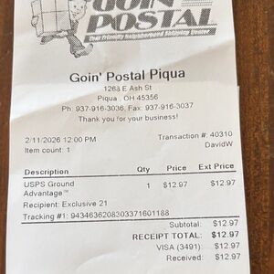 Receipt from Goin' Postal Piqua to ship back shoes